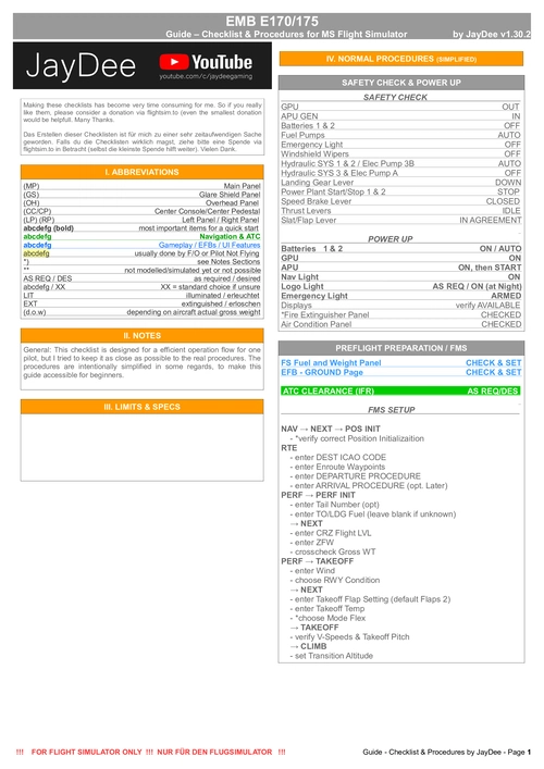 EMB E-Jet 170/175  - Checklist & Procedures