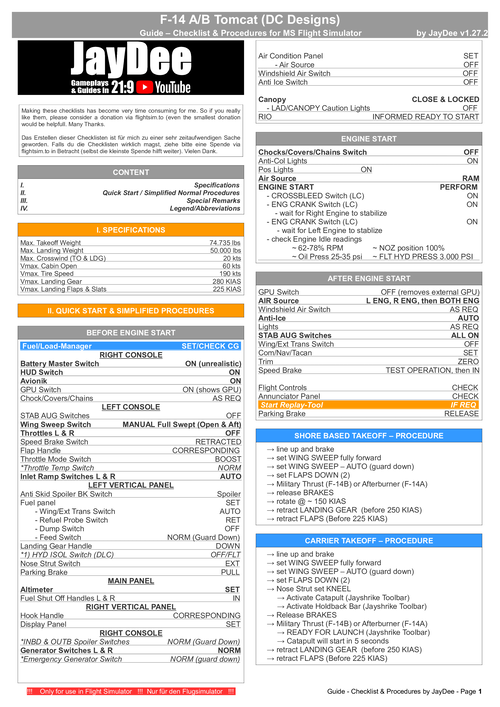 F-14 Tomcat - Guide - Checklist & Procedures