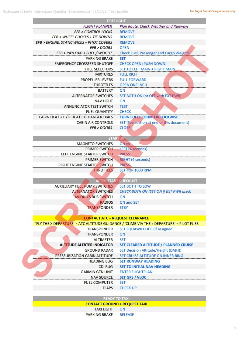 Flysimware Cessna C414AW Abbreviated Checklist / Final AMENDED Version + ATC guidance - Image 1