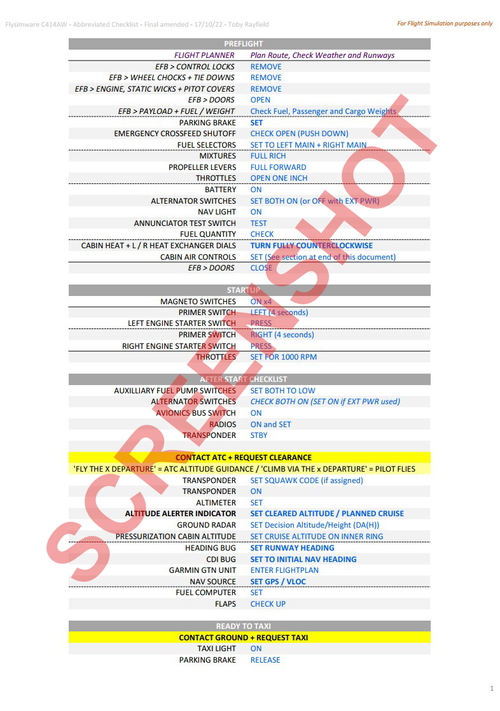 Flysimware Cessna C414AW Abbreviated Checklist / Final AMENDED Version + ATC guidance