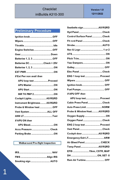 iniBuilds A310-300 Full Checklist