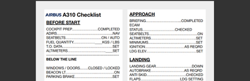 iniBuilds Airbus A310 Checklist