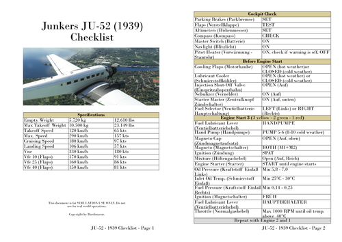 Junkers JU-52 (1939) Checklist as PDF