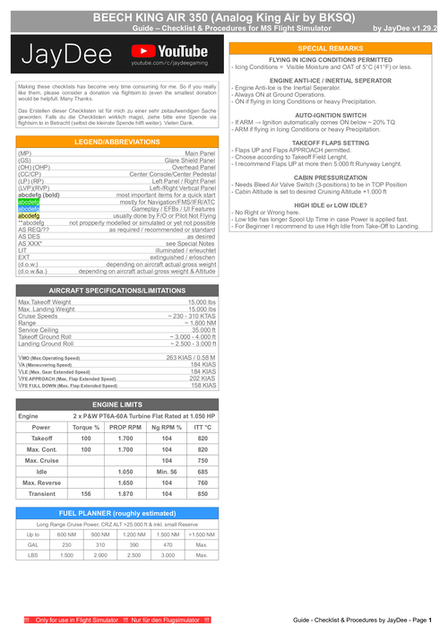 King Air 350 (Analog) - Checklist & Procedures
