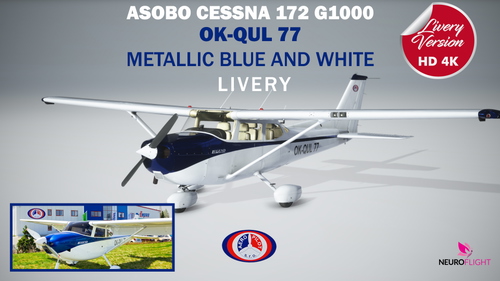 OK-QUL 77 metallic blue and white livery for Asobo C172 G1000. [4K]