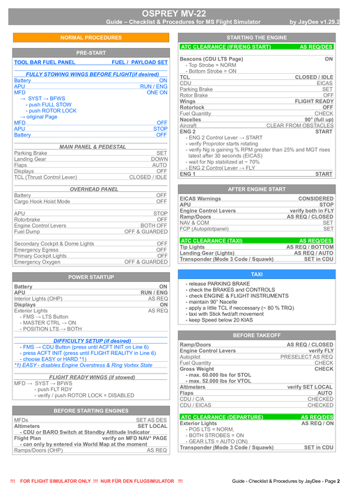 Osprey MV-22 - Checklist & Procedures