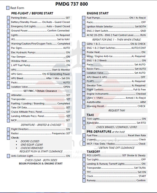 PMDG 737 800 Checklist with Checkboxes