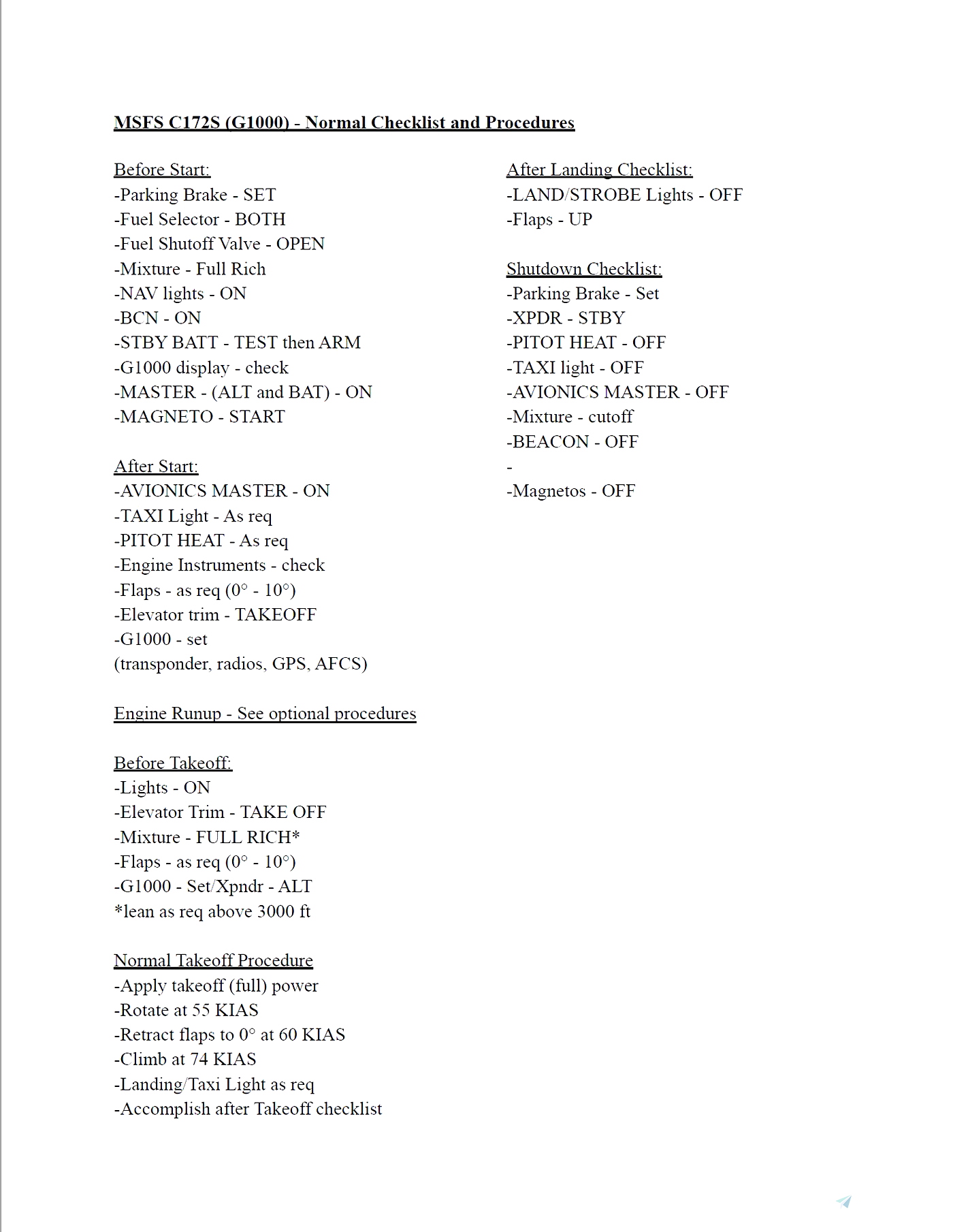 Quick Reference/Checklist - Cessna 172 (G1000) » Microsoft Flight Simulator