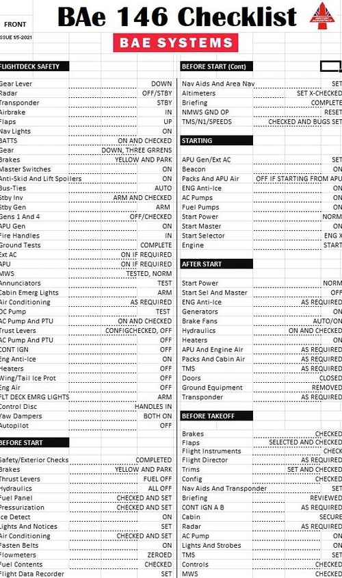 BAE146 checklist 