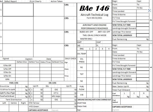 BAE146 tech log sheet 