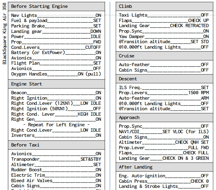 BlackSquare King Air 350 Essential Checklist Printable - Image 1