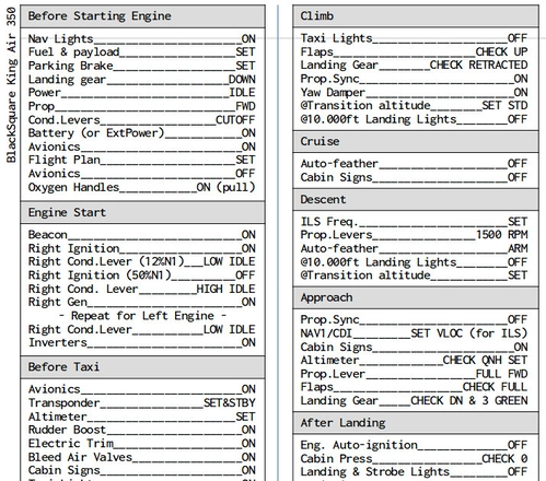 BlackSquare King Air 350 Essential Checklist Printable