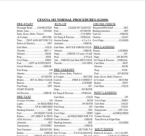 Cessna 182 skylane checklist (G1000)
