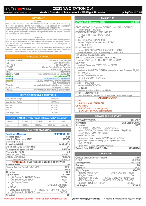 Cessna Citation CJ4 - JDs Comprehensive Checklist & Procedures