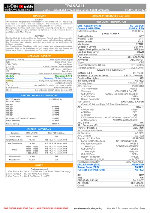 Transall - Checklist & Procedures