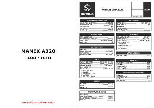 [A320] MANEX - FCOM / FCTM - SOPs Airbus - Checklists and flow patterns -109 pages