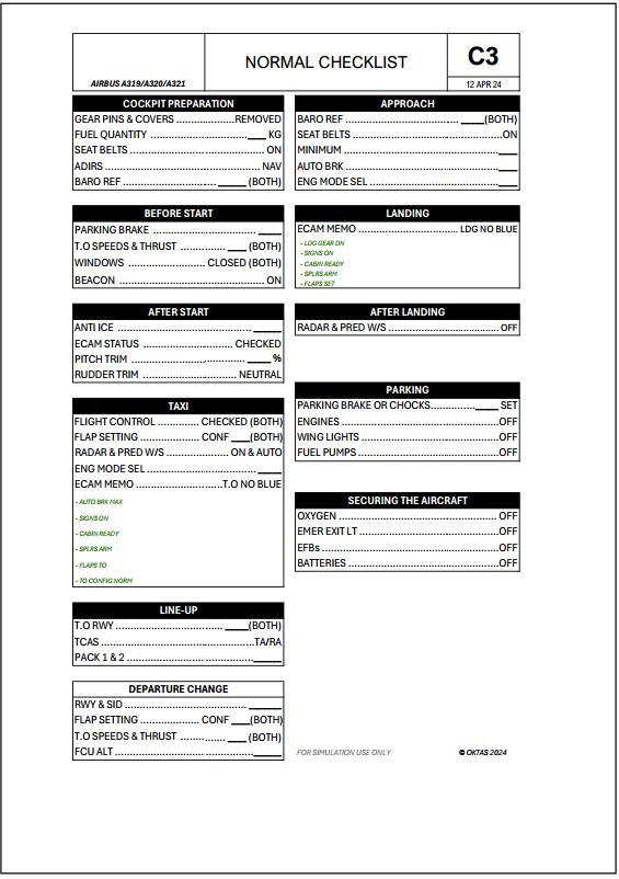 A320 Normal Checklist | Classic のために Microsoft Flight