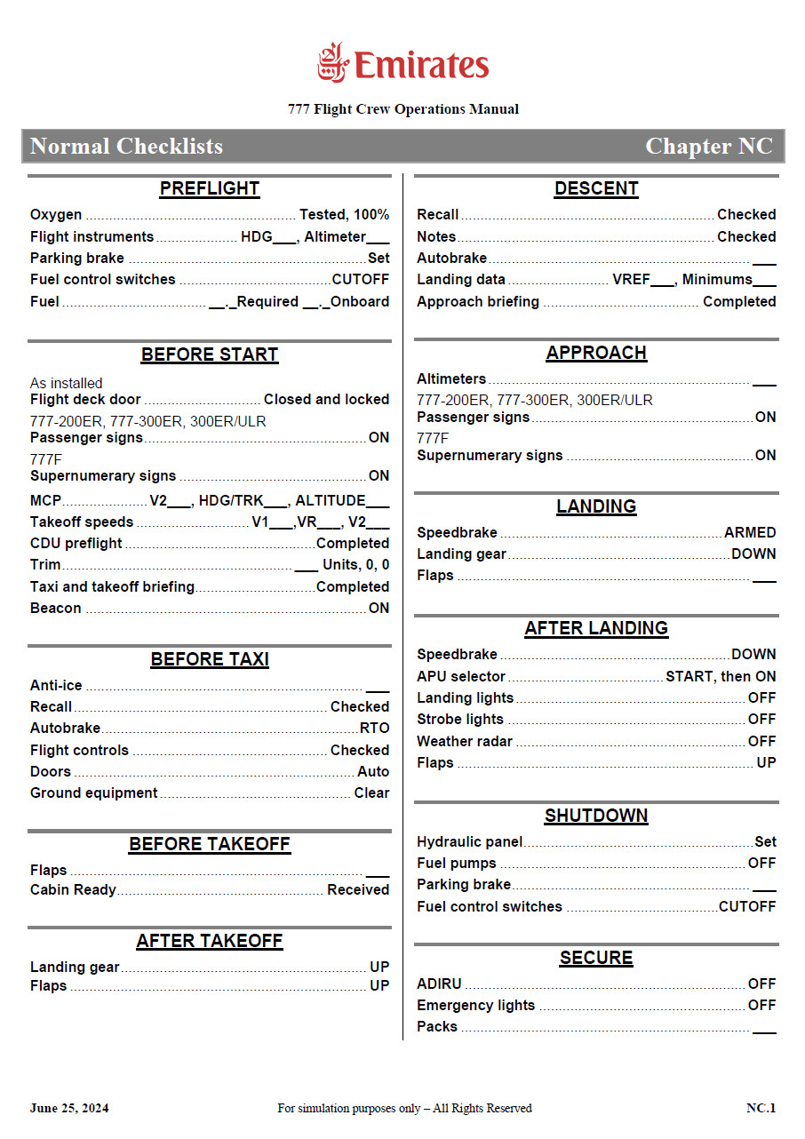 Boeing 777 EMIRATES - Normal checklist (official) のために