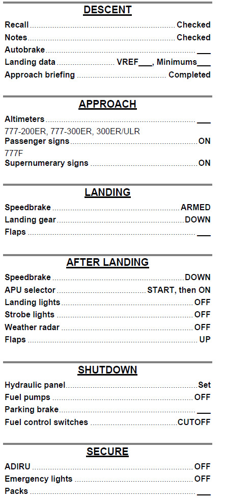 Boeing 777 EMIRATES - Normal checklist (official) のために