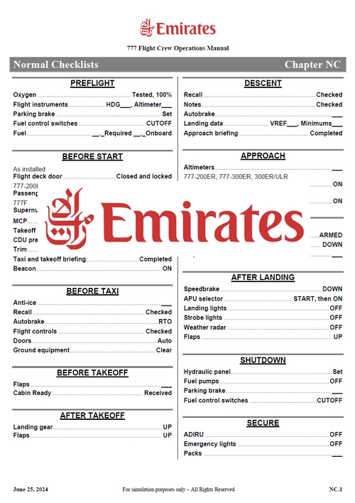 Boeing 777 EMIRATES - Normal checklist (official)