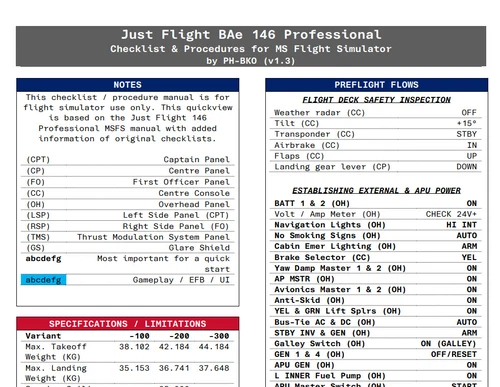 BAe 146 Checklist & Procedures Quickview