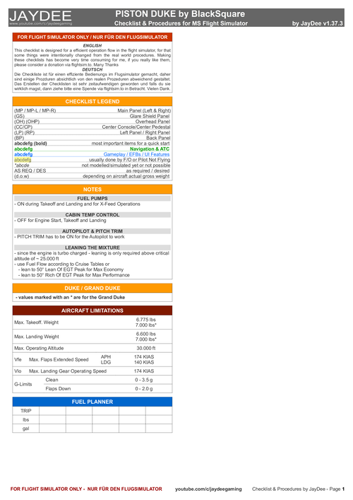 Beech Duke Piston - Checklist & Procedures