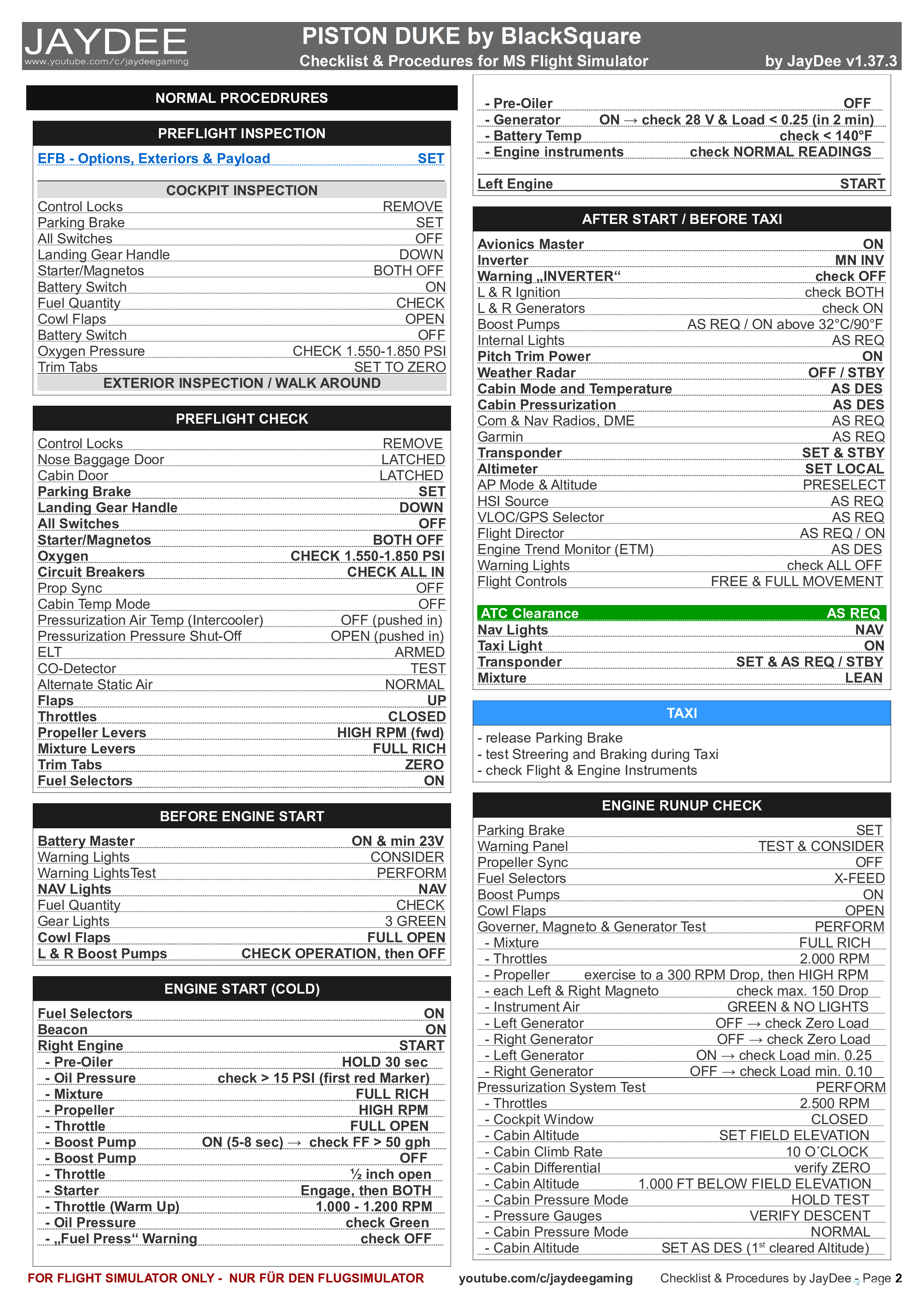 Beech Duke Piston - Checklist & Procedures for Microsoft Flight