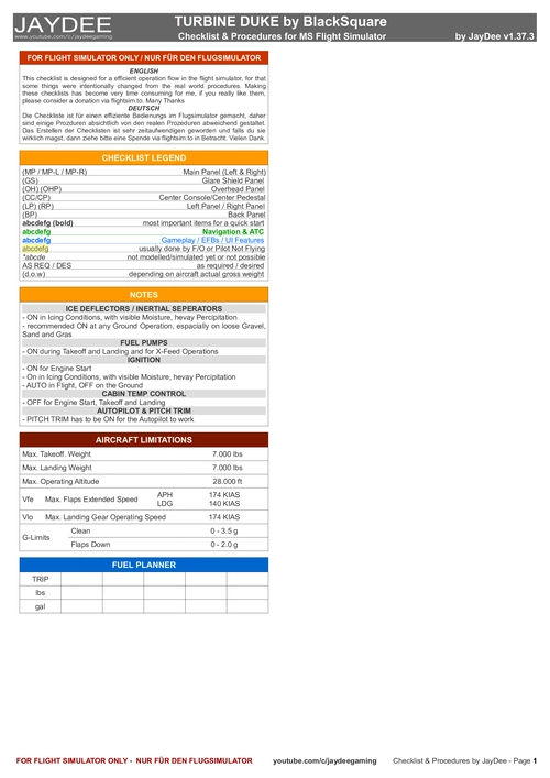 Beech Duke Turbine - Checklist & Procedures