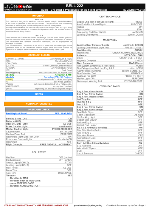 Bell 222B - Checklist & Procedures