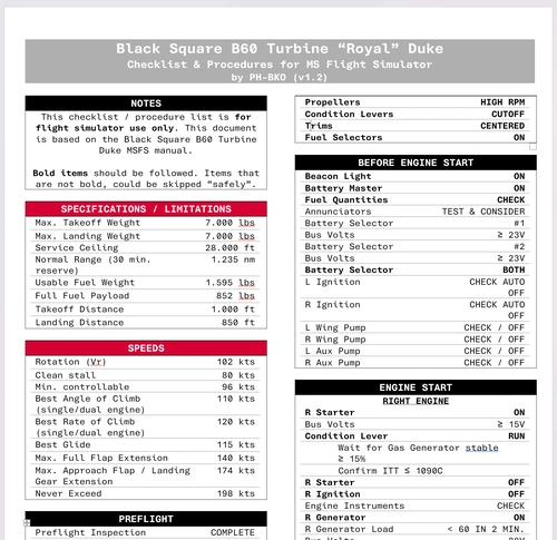 Black Square Beechcraft B60 Turbine "Royal" Duke Checklist & Procedures Quickview
