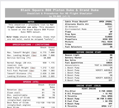 Black Square Beechcraft B60 Piston Duke Checklist & Procedures Quickview