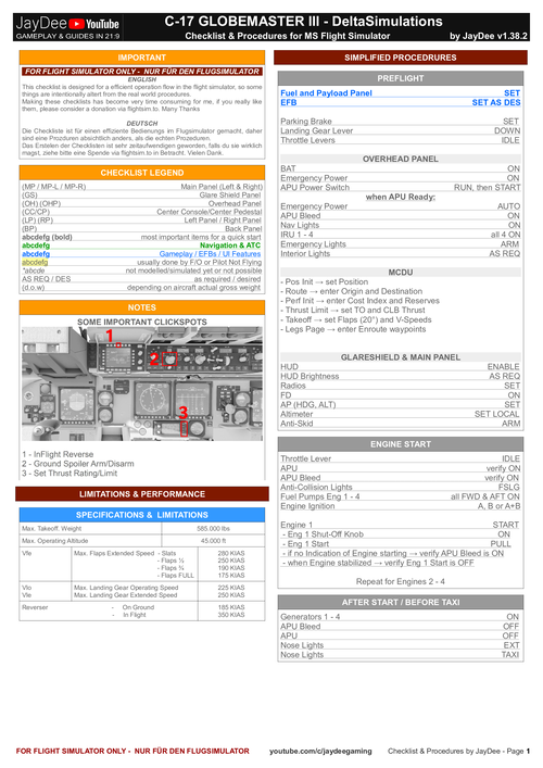 C-17 Globemaster III - Checklist & Procedures 