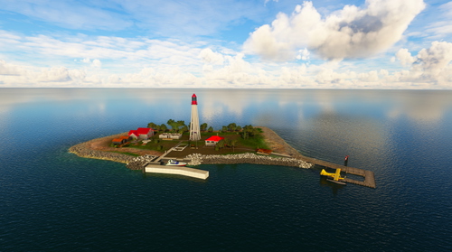 Caribou Island Lighthouse, buildings, and float plane dock, Ontario