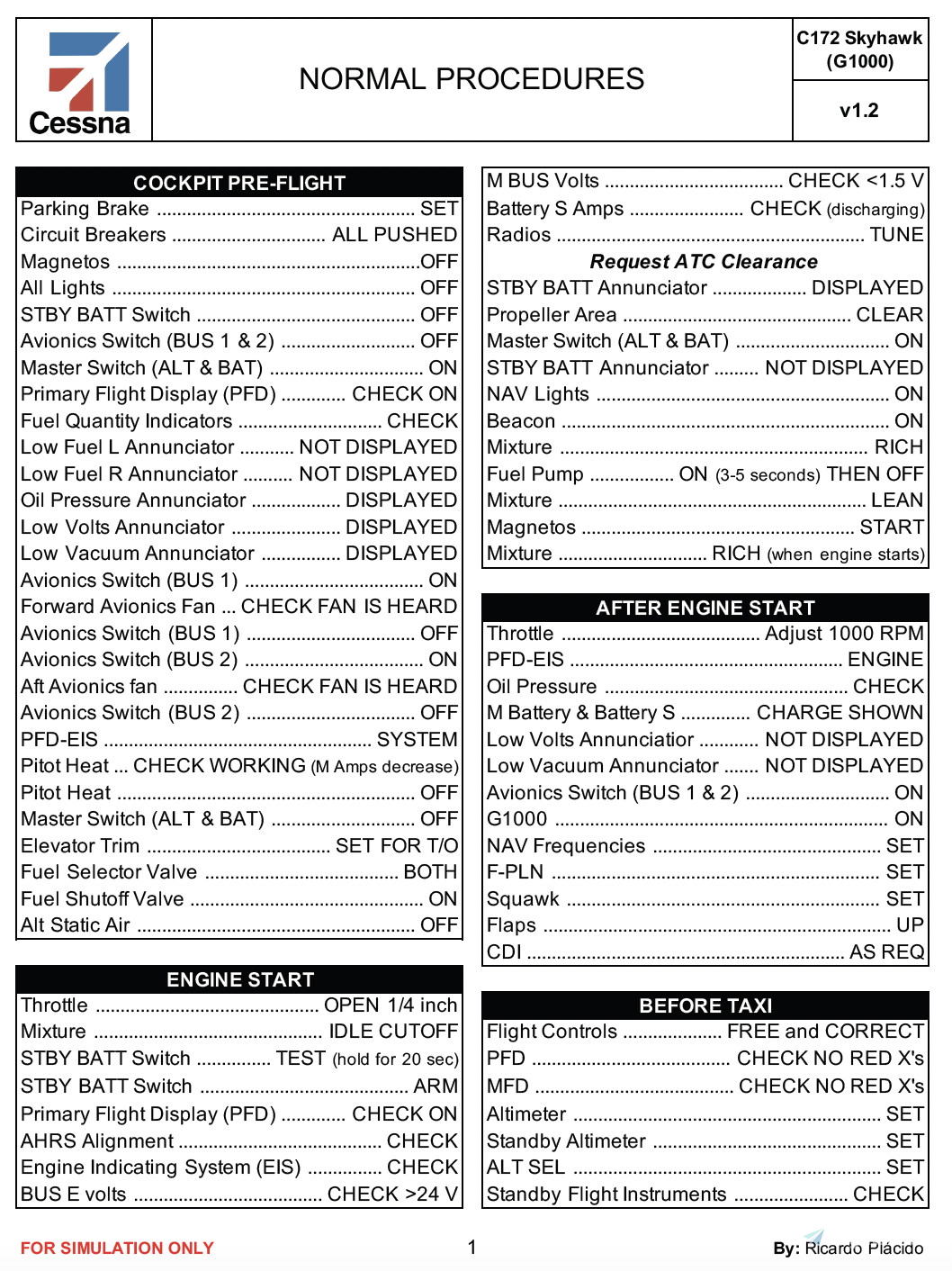 Checklists for Cessna 172 on Microsoft Flight Simulator