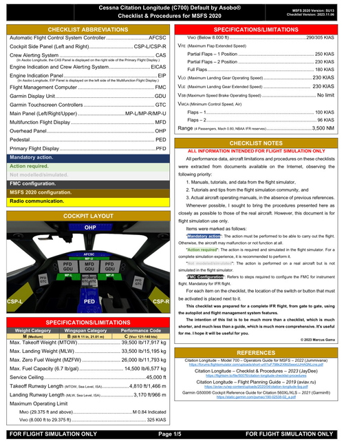 Cessna Citation Longitude (C700) Default MSFS Checklist