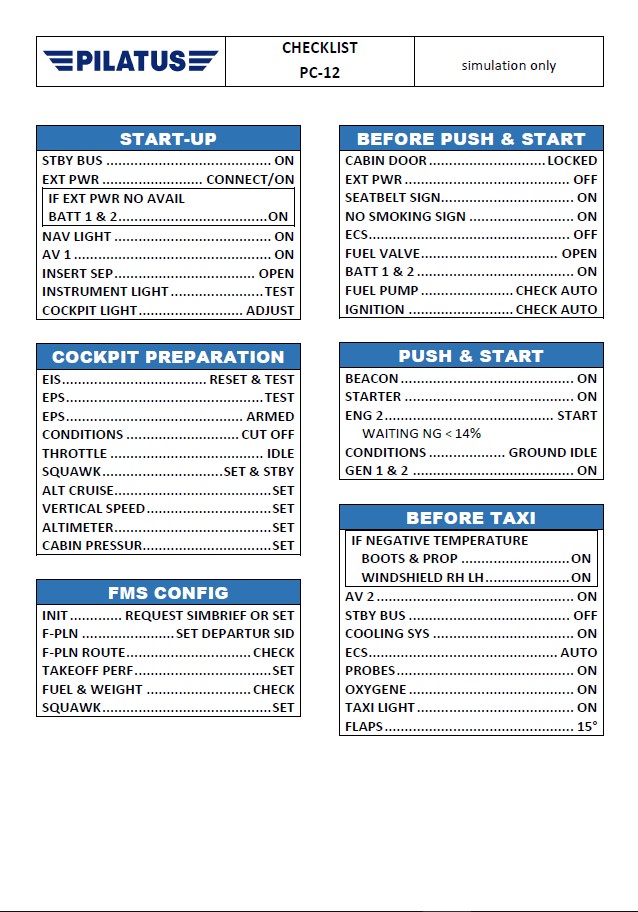 Pc 12 Checklist.pdf Checklist PC-12 对于 Microsoft Flight Simulator | MSFS
