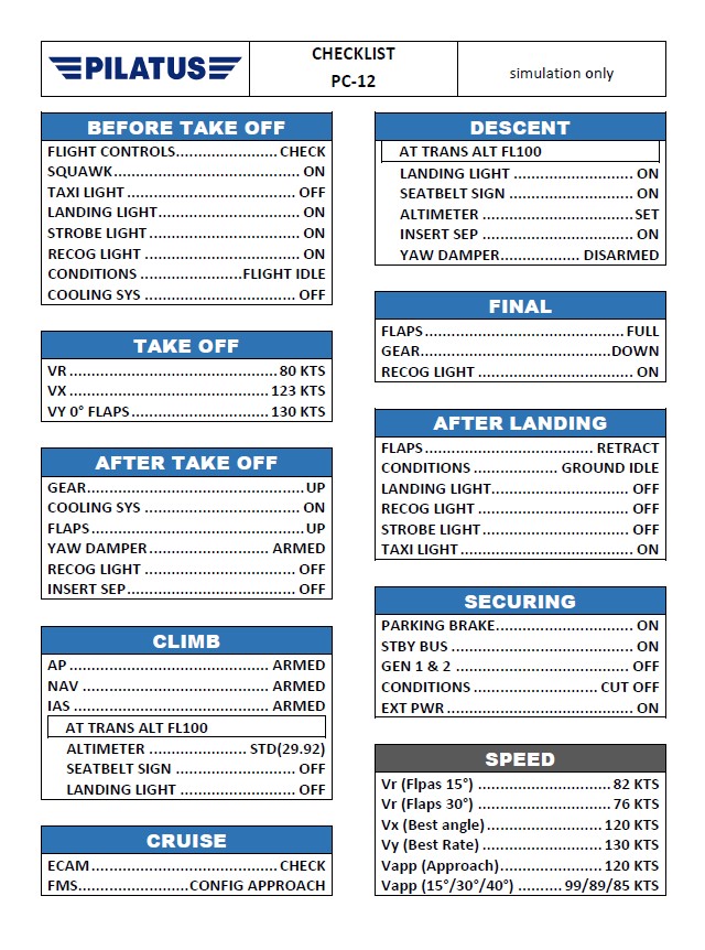 Pc 12 Checklist.pdf Checklist PC-12 对于 Microsoft Flight Simulator | MSFS