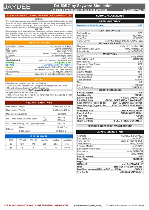 DA-50RG - Checklist & Procedures