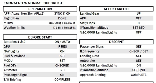 Embraer 175 Checklist for simmers