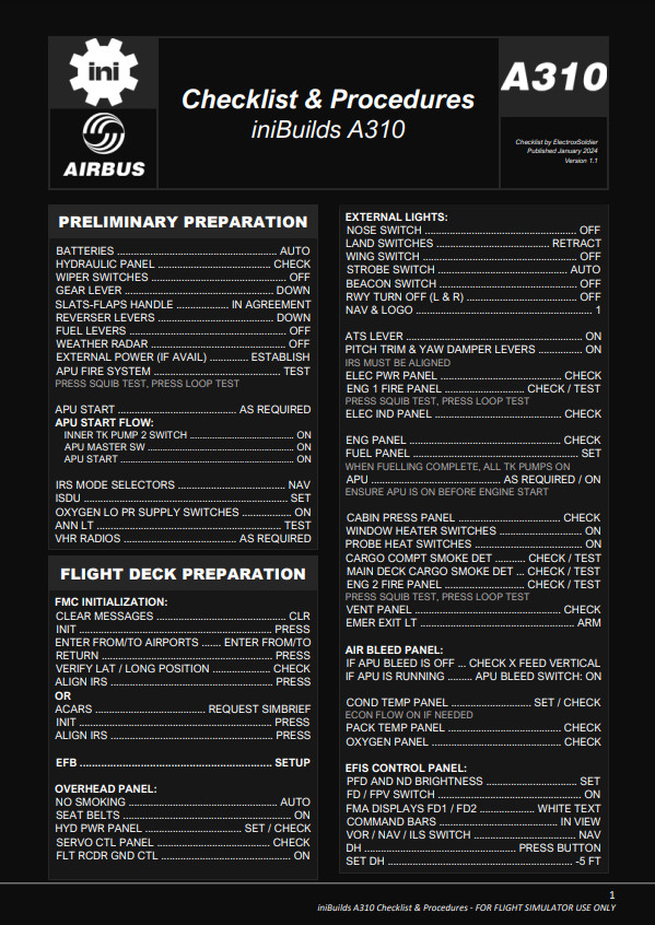 iniBuilds A310 Checklist