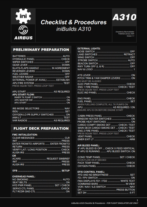 iniBuilds A310 Checklist