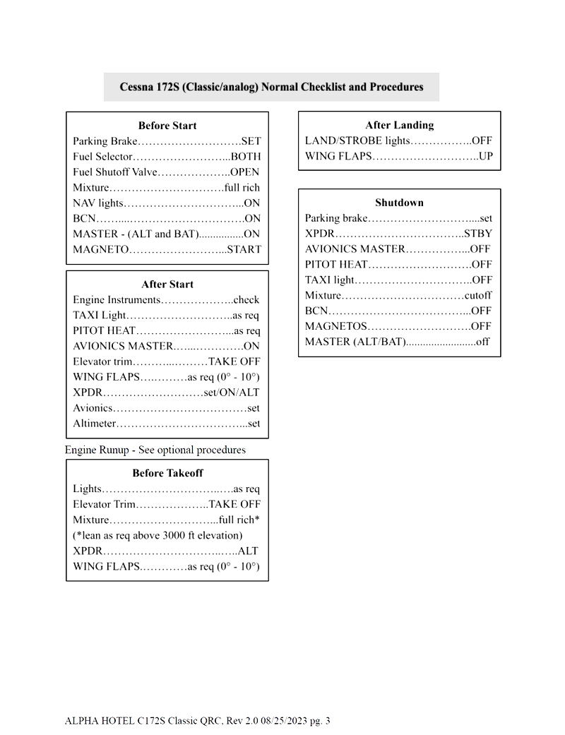 Quick Reference/Checklist Cessna 172 (G1000) para Microsoft Flight Simulator MSFS
