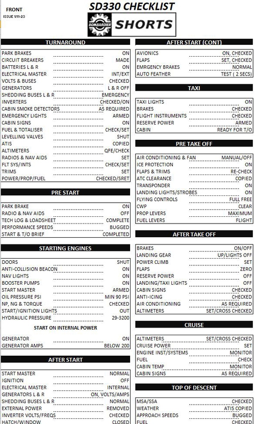 Shorts 330 checklist