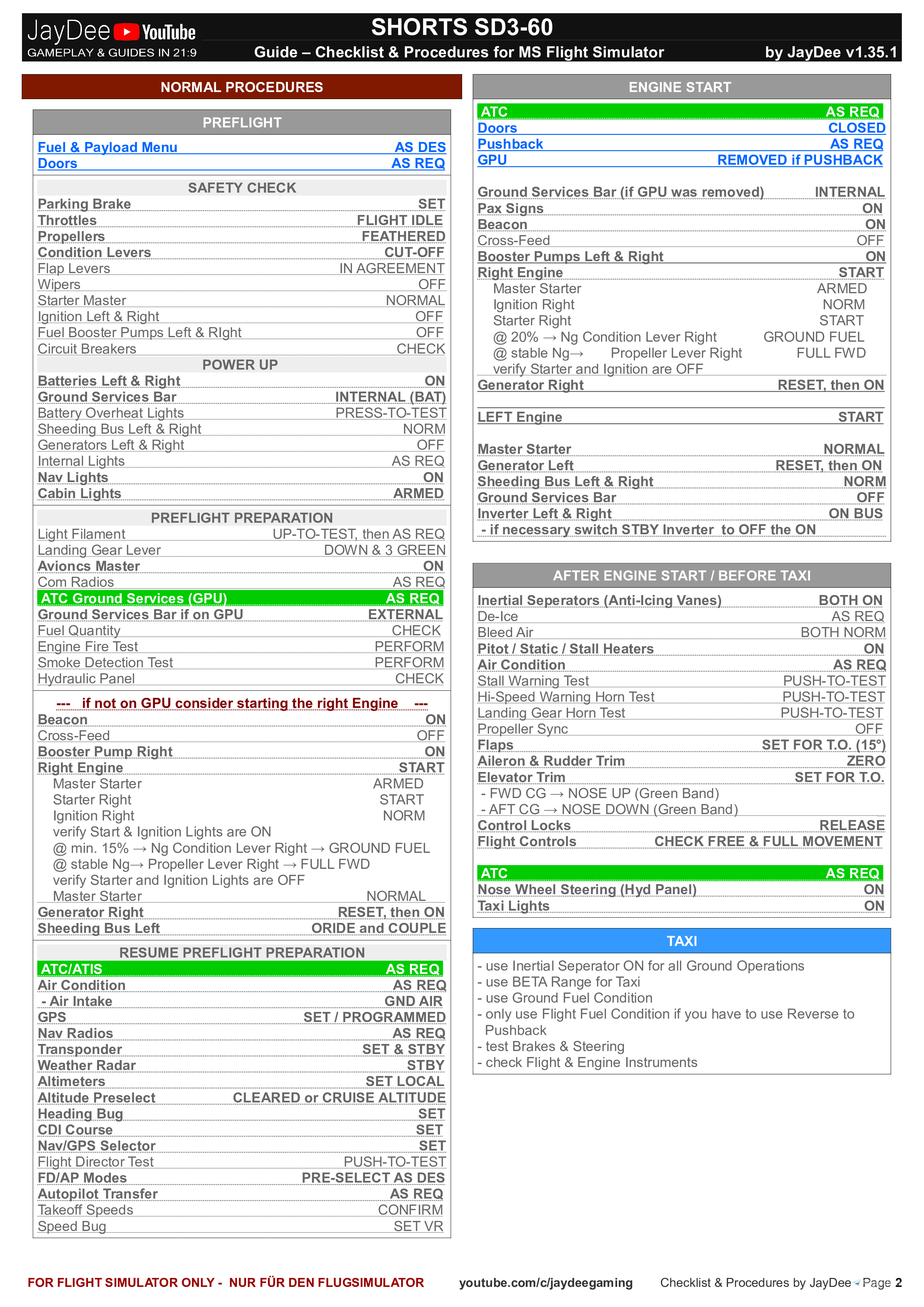 Shorts SD3-60 - Checklist & Procedures for Microsoft Flight