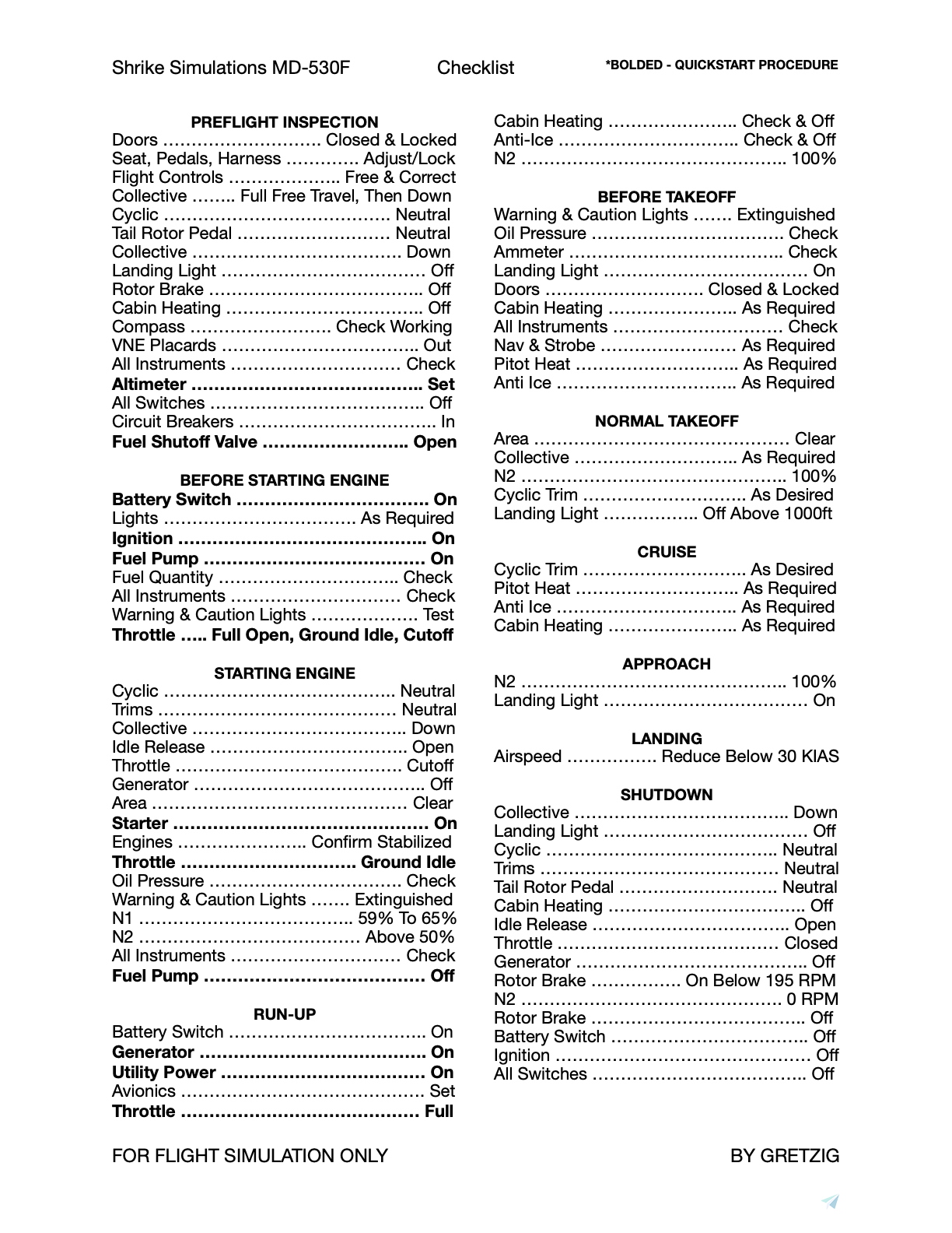 Shrike Simulation MD-530F Checklist & Quickstart Procedure for ...