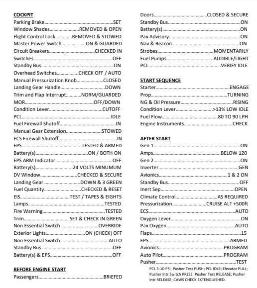 SWS PC12 Normal Operations Checklist for Microsoft Flight Simulator | MSFS