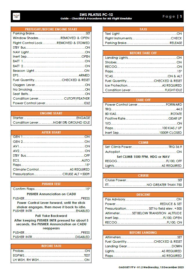 SWS Pilatus PC12 Checklist - Image 1