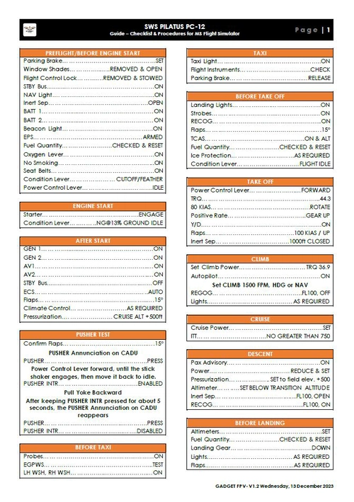 SWS Pilatus PC12 Checklist