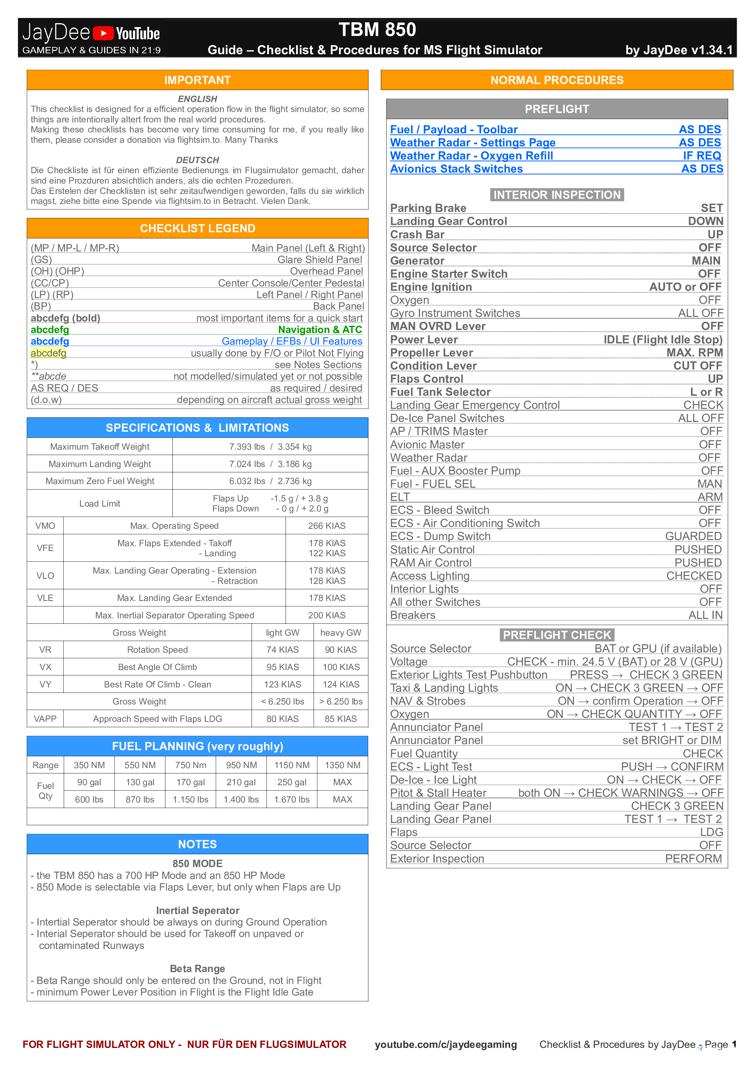 TBM 850 - Checklist & Procedures - Image 1