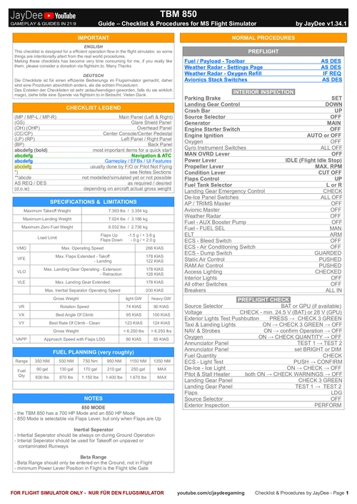 TBM 850 - Checklist & Procedures